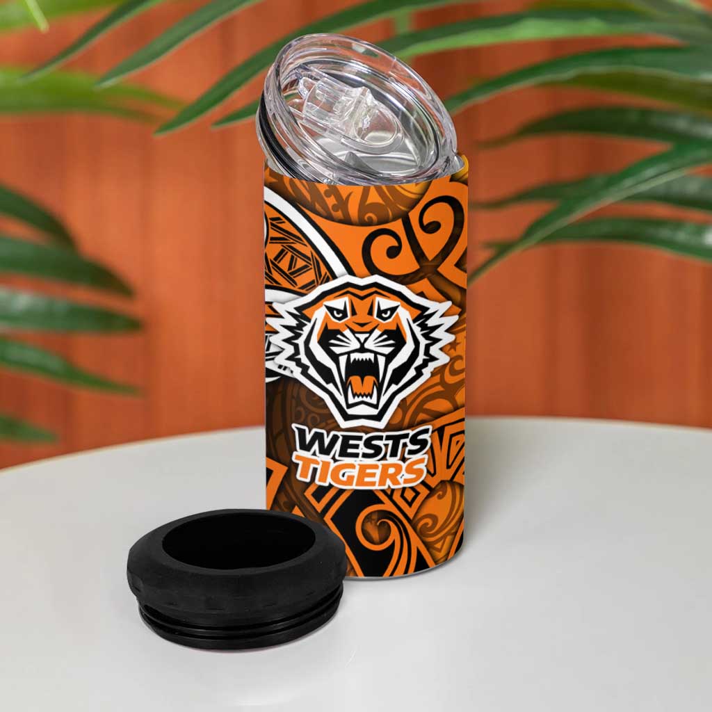 Wests Tigers Rugby 4 in 1 Can Cooler Tumbler Polynesian Tribal Tiger Warrior Orange Black Pattern