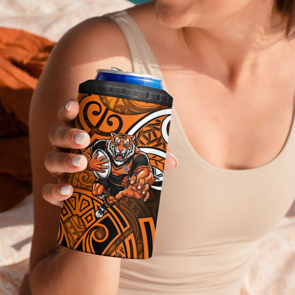 Wests Tigers Rugby 4 in 1 Can Cooler Tumbler Polynesian Tribal Tiger Warrior Orange Black Pattern