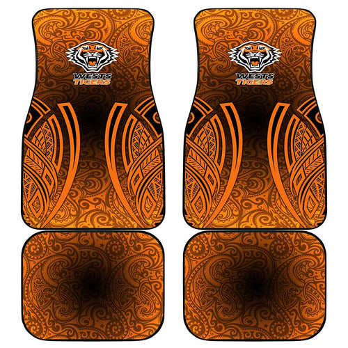 Wests Tigers Rugby Car Mats Polynesian Tribal Tiger Warrior Orange Black Pattern
