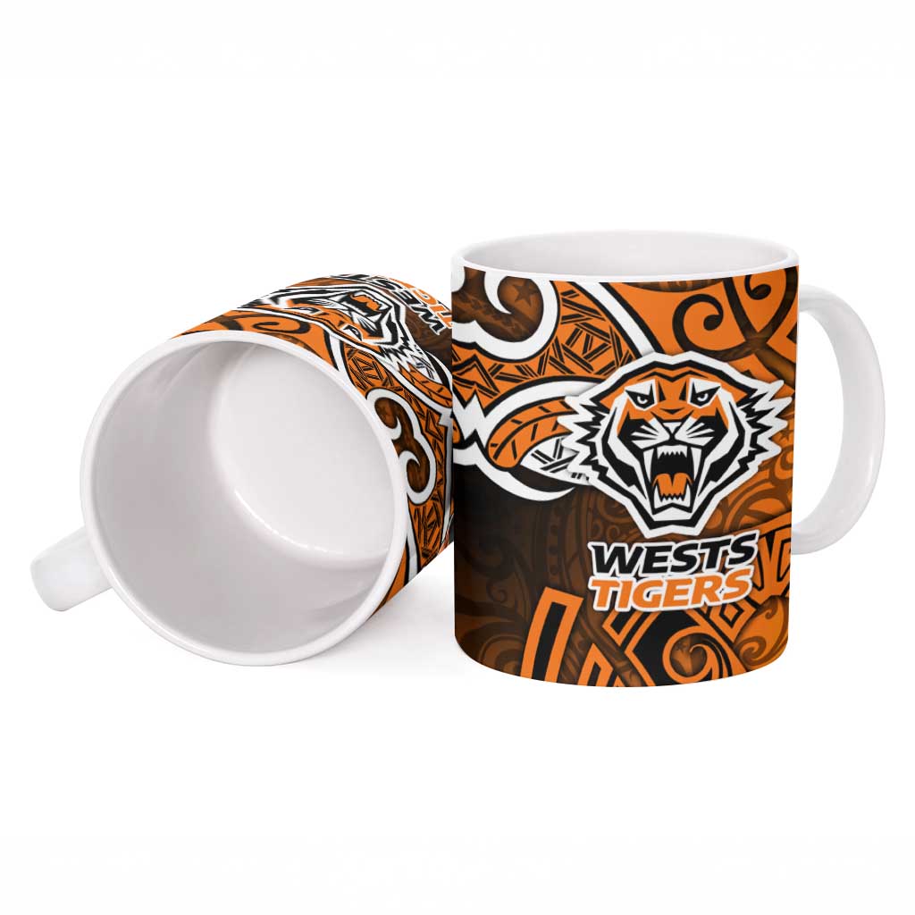 Wests Tigers Rugby Ceramic Mug Polynesian Tribal Tiger Warrior Orange Black Pattern