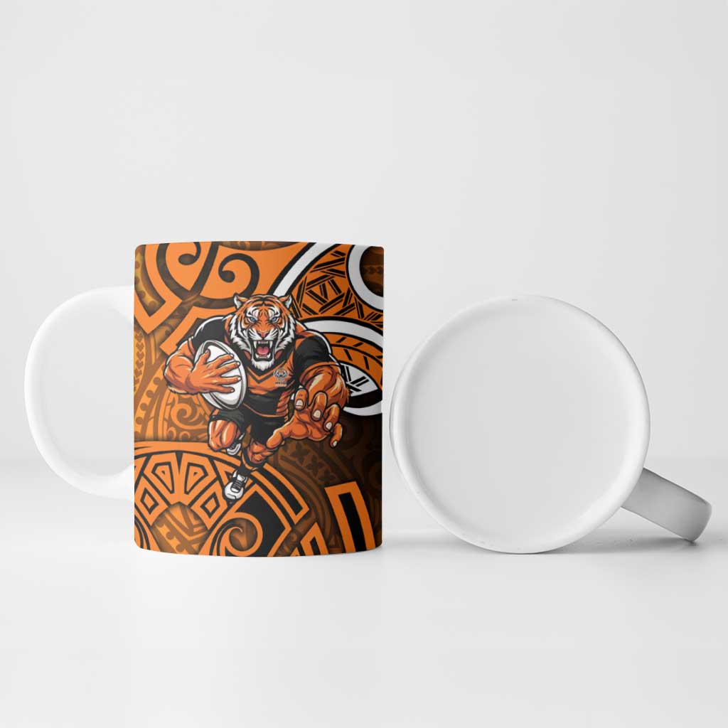Wests Tigers Rugby Ceramic Mug Polynesian Tribal Tiger Warrior Orange Black Pattern