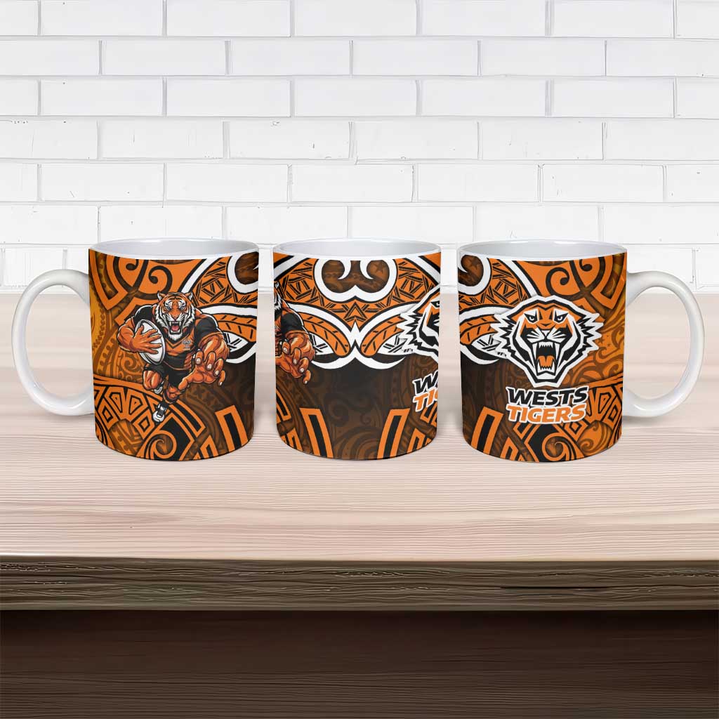 Wests Tigers Rugby Ceramic Mug Polynesian Tribal Tiger Warrior Orange Black Pattern