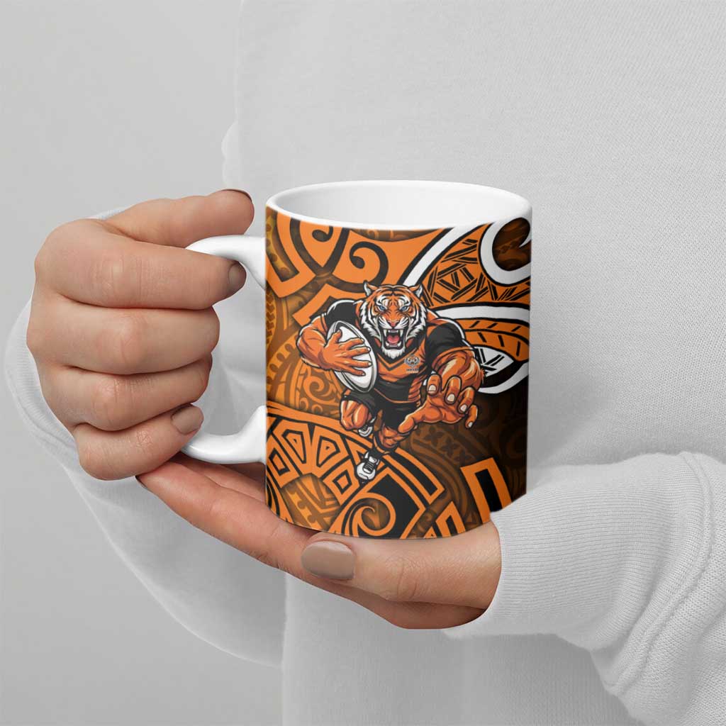 Wests Tigers Rugby Ceramic Mug Polynesian Tribal Tiger Warrior Orange Black Pattern