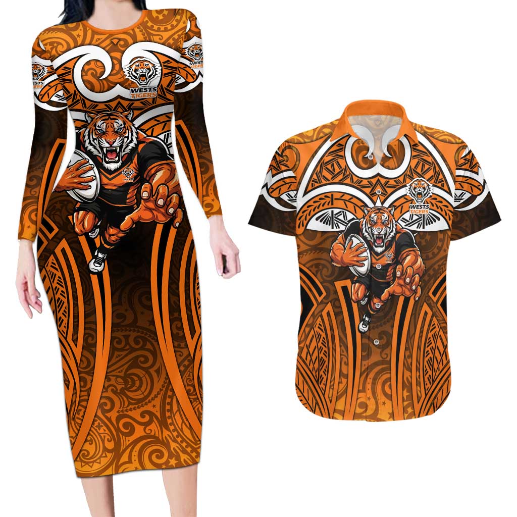 Wests Tigers Rugby Couples Matching Long Sleeve Bodycon Dress and Hawaiian Shirt Polynesian Tribal Tiger Warrior Orange Black Pattern