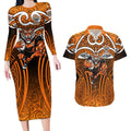 Wests Tigers Rugby Couples Matching Long Sleeve Bodycon Dress and Hawaiian Shirt Polynesian Tribal Tiger Warrior Orange Black Pattern