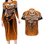 Wests Tigers Rugby Couples Matching Long Sleeve Bodycon Dress and Hawaiian Shirt Polynesian Tribal Tiger Warrior Orange Black Pattern