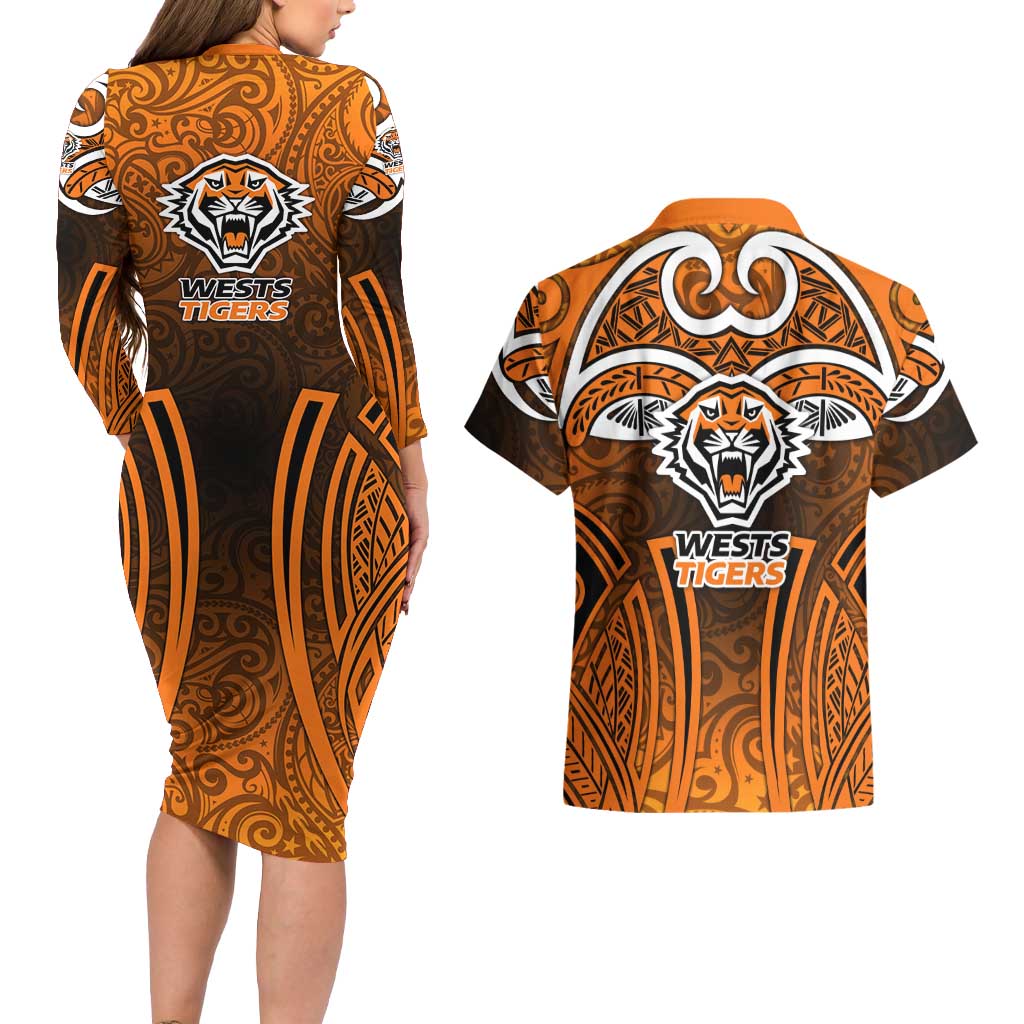 Wests Tigers Rugby Couples Matching Long Sleeve Bodycon Dress and Hawaiian Shirt Polynesian Tribal Tiger Warrior Orange Black Pattern