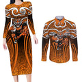 Wests Tigers Rugby Couples Matching Long Sleeve Bodycon Dress and Long Sleeve Button Shirt Polynesian Tribal Tiger Warrior Orange Black Pattern