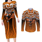 Wests Tigers Rugby Couples Matching Long Sleeve Bodycon Dress and Long Sleeve Button Shirt Polynesian Tribal Tiger Warrior Orange Black Pattern