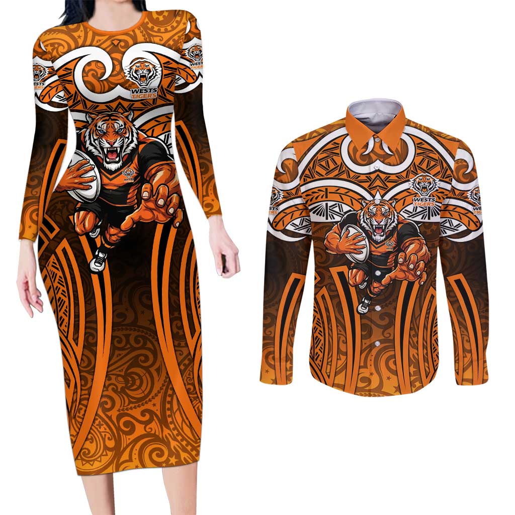 Wests Tigers Rugby Couples Matching Long Sleeve Bodycon Dress and Long Sleeve Button Shirt Polynesian Tribal Tiger Warrior Orange Black Pattern