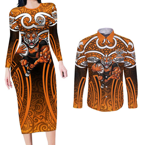 Wests Tigers Rugby Couples Matching Long Sleeve Bodycon Dress and Long Sleeve Button Shirt Polynesian Tribal Tiger Warrior Orange Black Pattern