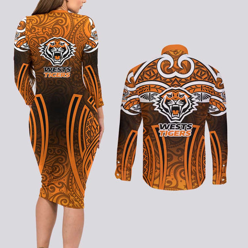 Wests Tigers Rugby Couples Matching Long Sleeve Bodycon Dress and Long Sleeve Button Shirt Polynesian Tribal Tiger Warrior Orange Black Pattern