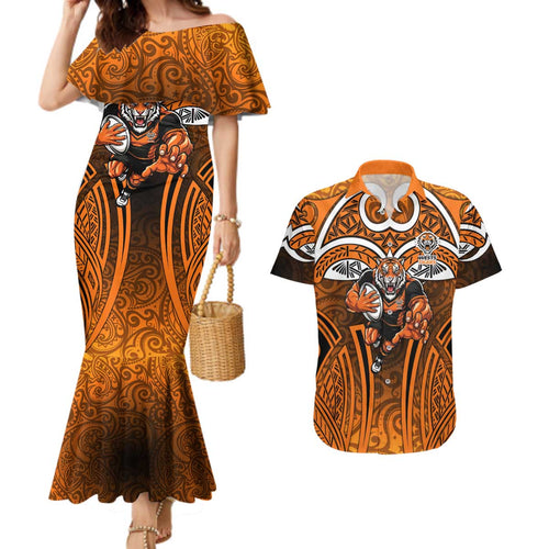 Wests Tigers Rugby Couples Matching Mermaid Dress and Hawaiian Shirt Polynesian Tribal Tiger Warrior Orange Black Pattern