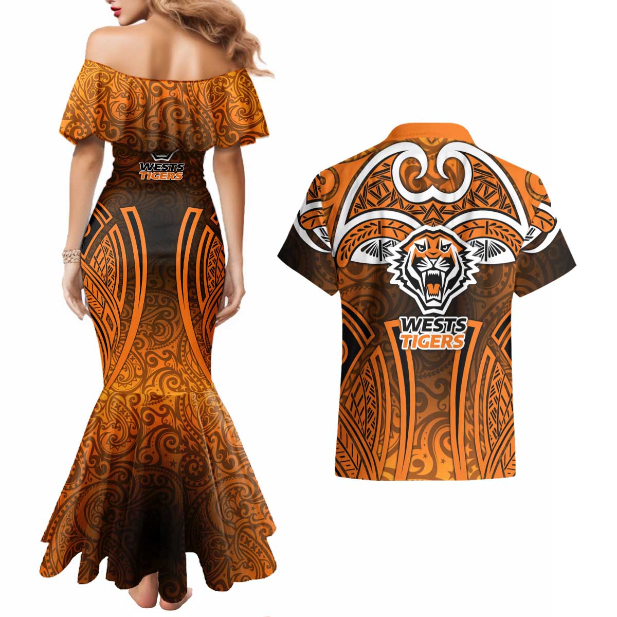 Wests Tigers Rugby Couples Matching Mermaid Dress and Hawaiian Shirt Polynesian Tribal Tiger Warrior Orange Black Pattern