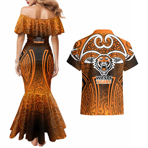 Wests Tigers Rugby Couples Matching Mermaid Dress and Hawaiian Shirt Polynesian Tribal Tiger Warrior Orange Black Pattern