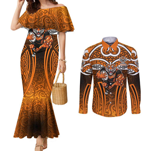 Wests Tigers Rugby Couples Matching Mermaid Dress and Long Sleeve Button Shirt Polynesian Tribal Tiger Warrior Orange Black Pattern