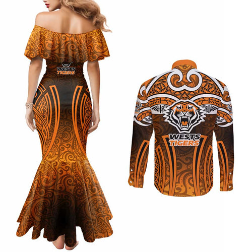 Wests Tigers Rugby Couples Matching Mermaid Dress and Long Sleeve Button Shirt Polynesian Tribal Tiger Warrior Orange Black Pattern