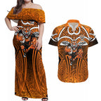 Wests Tigers Rugby Couples Matching Off Shoulder Maxi Dress and Hawaiian Shirt Polynesian Tribal Tiger Warrior Orange Black Pattern