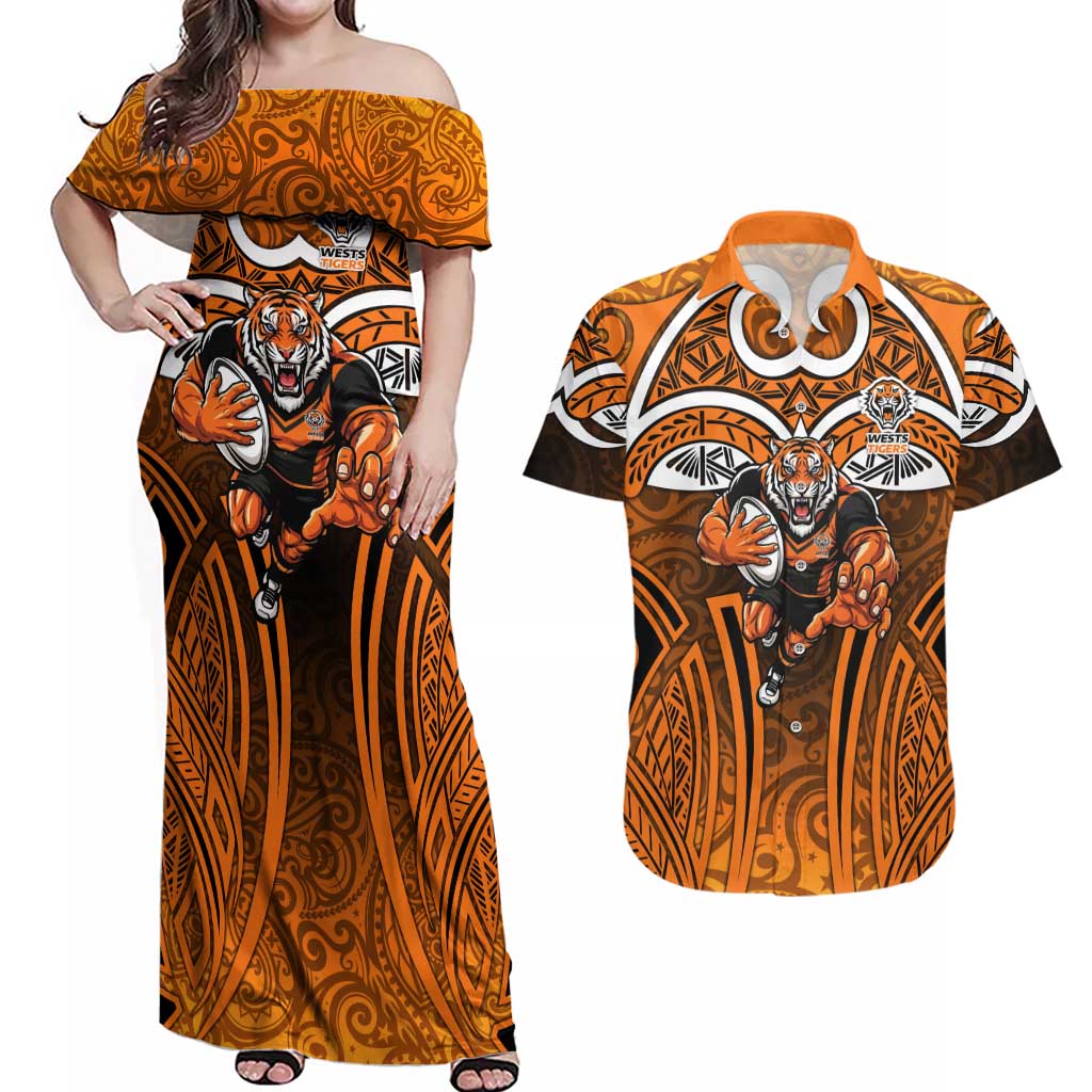 Wests Tigers Rugby Couples Matching Off Shoulder Maxi Dress and Hawaiian Shirt Polynesian Tribal Tiger Warrior Orange Black Pattern