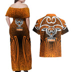 Wests Tigers Rugby Couples Matching Off Shoulder Maxi Dress and Hawaiian Shirt Polynesian Tribal Tiger Warrior Orange Black Pattern