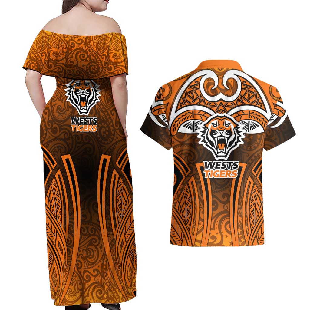 Wests Tigers Rugby Couples Matching Off Shoulder Maxi Dress and Hawaiian Shirt Polynesian Tribal Tiger Warrior Orange Black Pattern