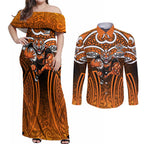 Wests Tigers Rugby Couples Matching Off Shoulder Maxi Dress and Long Sleeve Button Shirt Polynesian Tribal Tiger Warrior Orange Black Pattern