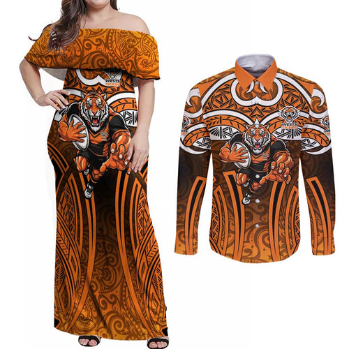 Wests Tigers Rugby Couples Matching Off Shoulder Maxi Dress and Long Sleeve Button Shirt Polynesian Tribal Tiger Warrior Orange Black Pattern