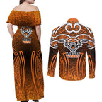 Wests Tigers Rugby Couples Matching Off Shoulder Maxi Dress and Long Sleeve Button Shirt Polynesian Tribal Tiger Warrior Orange Black Pattern