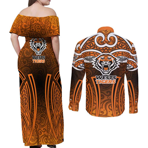 Wests Tigers Rugby Couples Matching Off Shoulder Maxi Dress and Long Sleeve Button Shirt Polynesian Tribal Tiger Warrior Orange Black Pattern