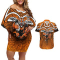 Wests Tigers Rugby Couples Matching Off Shoulder Short Dress and Hawaiian Shirt Polynesian Tribal Tiger Warrior Orange Black Pattern