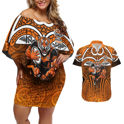 Wests Tigers Rugby Couples Matching Off Shoulder Short Dress and Hawaiian Shirt Polynesian Tribal Tiger Warrior Orange Black Pattern