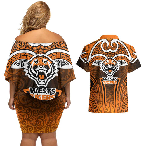 Wests Tigers Rugby Couples Matching Off Shoulder Short Dress and Hawaiian Shirt Polynesian Tribal Tiger Warrior Orange Black Pattern