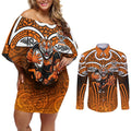 Wests Tigers Rugby Couples Matching Off Shoulder Short Dress and Long Sleeve Button Shirt Polynesian Tribal Tiger Warrior Orange Black Pattern