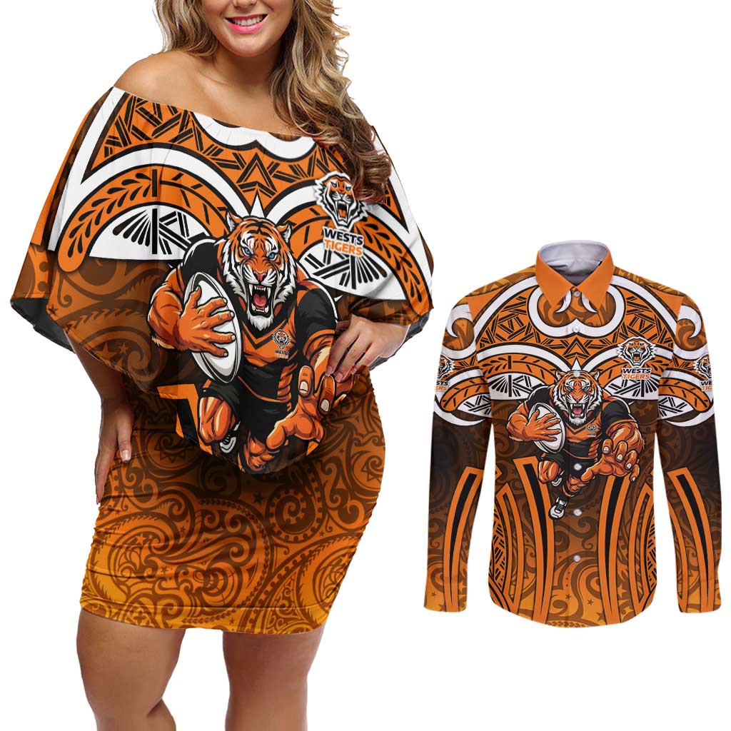 Wests Tigers Rugby Couples Matching Off Shoulder Short Dress and Long Sleeve Button Shirt Polynesian Tribal Tiger Warrior Orange Black Pattern