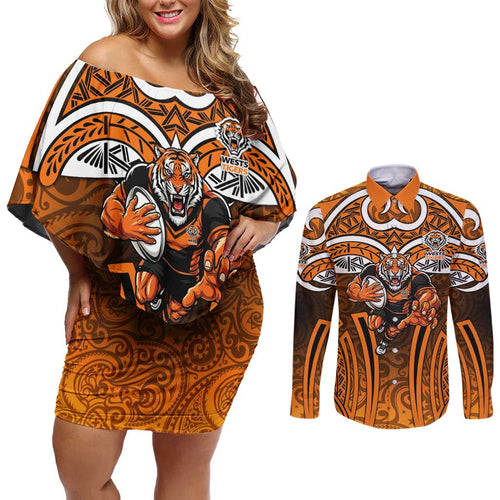 Wests Tigers Rugby Couples Matching Off Shoulder Short Dress and Long Sleeve Button Shirt Polynesian Tribal Tiger Warrior Orange Black Pattern