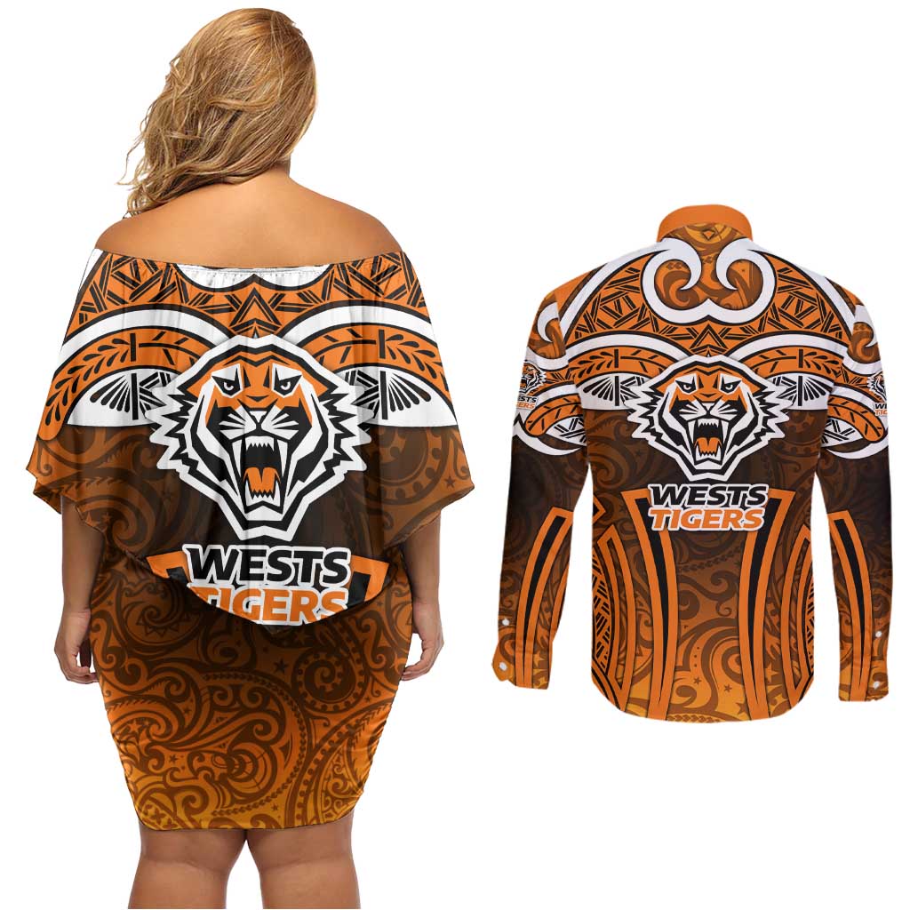 Wests Tigers Rugby Couples Matching Off Shoulder Short Dress and Long Sleeve Button Shirt Polynesian Tribal Tiger Warrior Orange Black Pattern