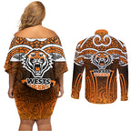 Wests Tigers Rugby Couples Matching Off Shoulder Short Dress and Long Sleeve Button Shirt Polynesian Tribal Tiger Warrior Orange Black Pattern