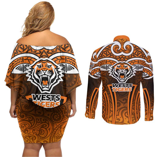 Wests Tigers Rugby Couples Matching Off Shoulder Short Dress and Long Sleeve Button Shirt Polynesian Tribal Tiger Warrior Orange Black Pattern