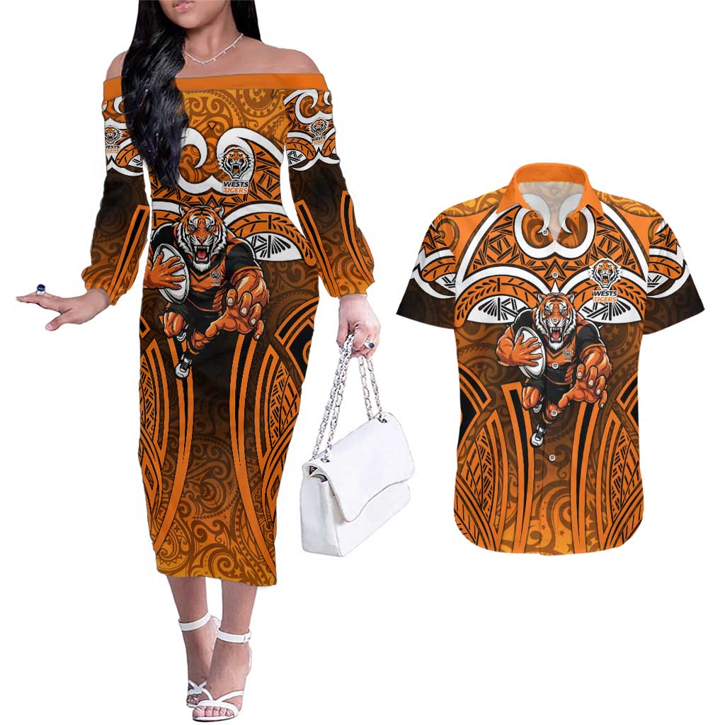 Wests Tigers Rugby Couples Matching Off The Shoulder Long Sleeve Dress and Hawaiian Shirt Polynesian Tribal Tiger Warrior Orange Black Pattern