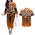Wests Tigers Rugby Couples Matching Off The Shoulder Long Sleeve Dress and Hawaiian Shirt Polynesian Tribal Tiger Warrior Orange Black Pattern