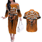 Wests Tigers Rugby Couples Matching Off The Shoulder Long Sleeve Dress and Hawaiian Shirt Polynesian Tribal Tiger Warrior Orange Black Pattern