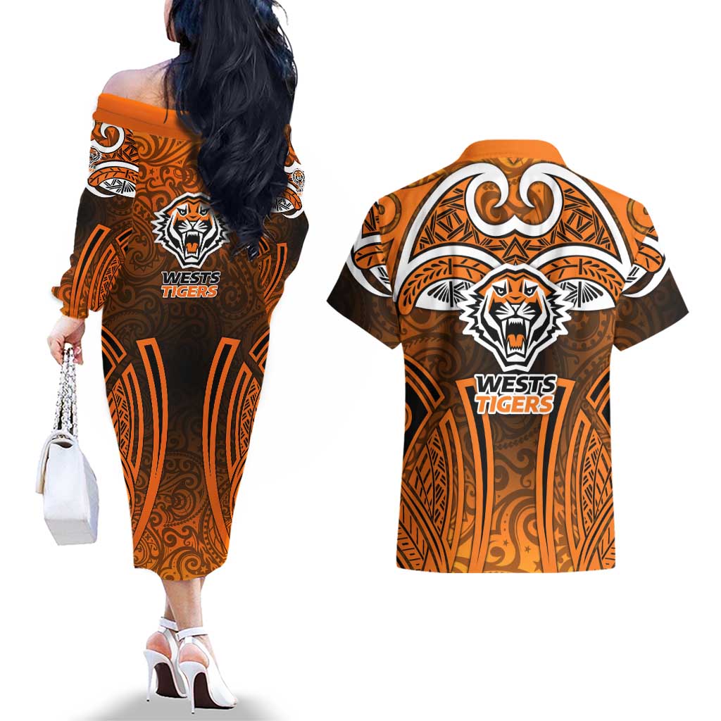 Wests Tigers Rugby Couples Matching Off The Shoulder Long Sleeve Dress and Hawaiian Shirt Polynesian Tribal Tiger Warrior Orange Black Pattern
