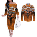 Wests Tigers Rugby Couples Matching Off The Shoulder Long Sleeve Dress and Long Sleeve Button Shirt Polynesian Tribal Tiger Warrior Orange Black Pattern