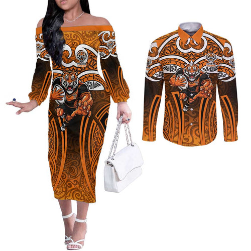 Wests Tigers Rugby Couples Matching Off The Shoulder Long Sleeve Dress and Long Sleeve Button Shirt Polynesian Tribal Tiger Warrior Orange Black Pattern