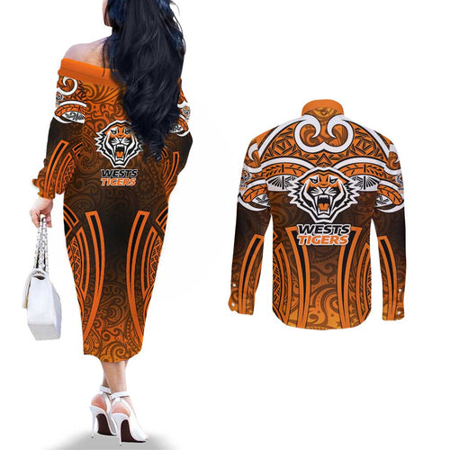 Wests Tigers Rugby Couples Matching Off The Shoulder Long Sleeve Dress and Long Sleeve Button Shirt Polynesian Tribal Tiger Warrior Orange Black Pattern