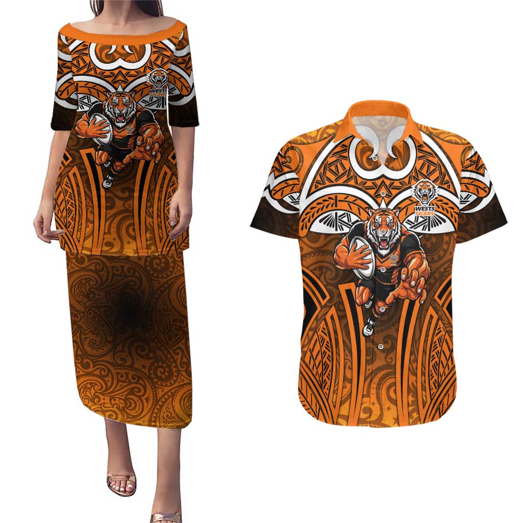 Wests Tigers Rugby Couples Matching Puletasi and Hawaiian Shirt Polynesian Tribal Tiger Warrior Orange Black Pattern