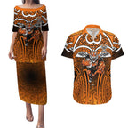 Wests Tigers Rugby Couples Matching Puletasi and Hawaiian Shirt Polynesian Tribal Tiger Warrior Orange Black Pattern