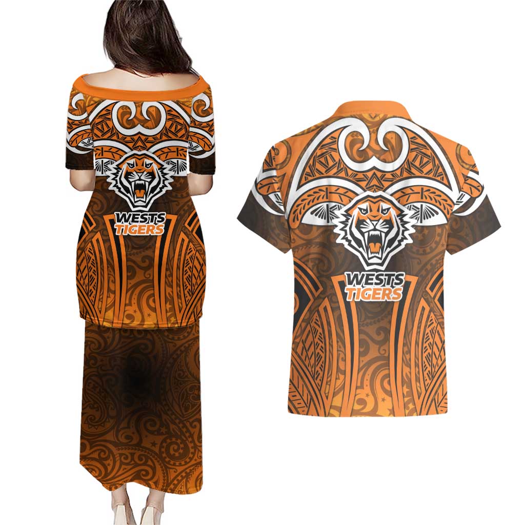 Wests Tigers Rugby Couples Matching Puletasi and Hawaiian Shirt Polynesian Tribal Tiger Warrior Orange Black Pattern