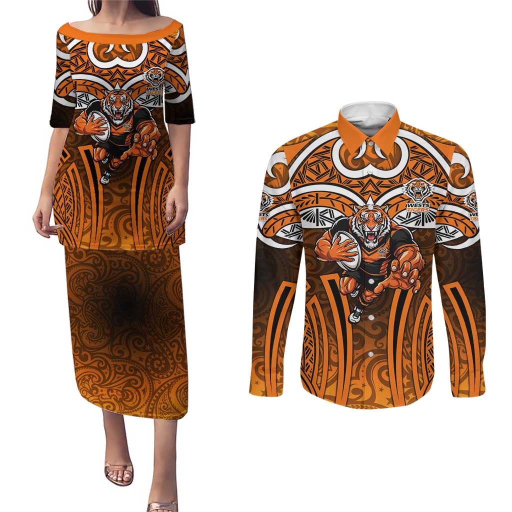 Wests Tigers Rugby Couples Matching Puletasi and Long Sleeve Button Shirt Polynesian Tribal Tiger Warrior Orange Black Pattern