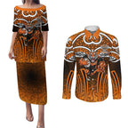 Wests Tigers Rugby Couples Matching Puletasi and Long Sleeve Button Shirt Polynesian Tribal Tiger Warrior Orange Black Pattern
